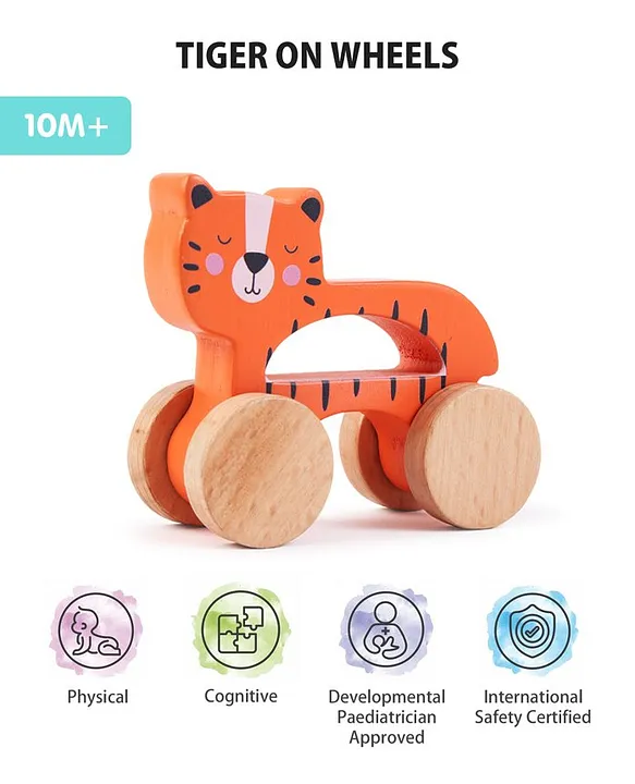 Intellibaby Premium Wooden Tiger on Wheels Improves Grasping Skills HandEye Coordination & Motor Skills European Safety BIS Certified & Paediatrician Approved Ideal for Gifting