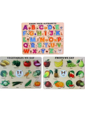 Wooden Alphabets Fruits and Vegetables Puzzle with Knobs Multicolour 50 Pieces
