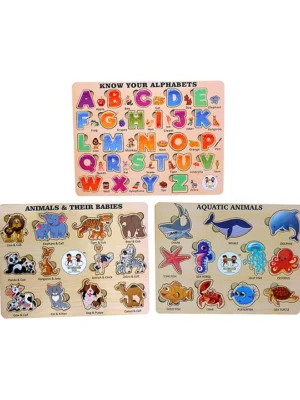 Wooden Alphabets Animals and Aquatic Animals Puzzle with Knobs Multicolour 50 Pieces