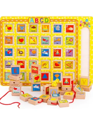 Wooden English Learning Alphabet Tray with Lacing Beads Multicolour 26 cubes