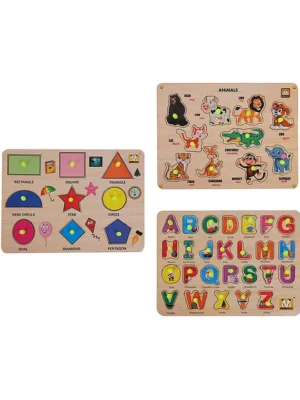 Wooden Animals Alphabets Shapes Puzzle with Knobs Educational and Learning Toy for Kids 43 Pieces