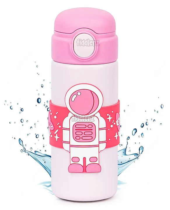 Stainless Steel Water Bottle For Kids Astronaut Edition Insulated Kids Water Bottle Spill Proof Straw Valve Pop Button BPA Free Soft Grip Water Bottle for School PINK 500 ML