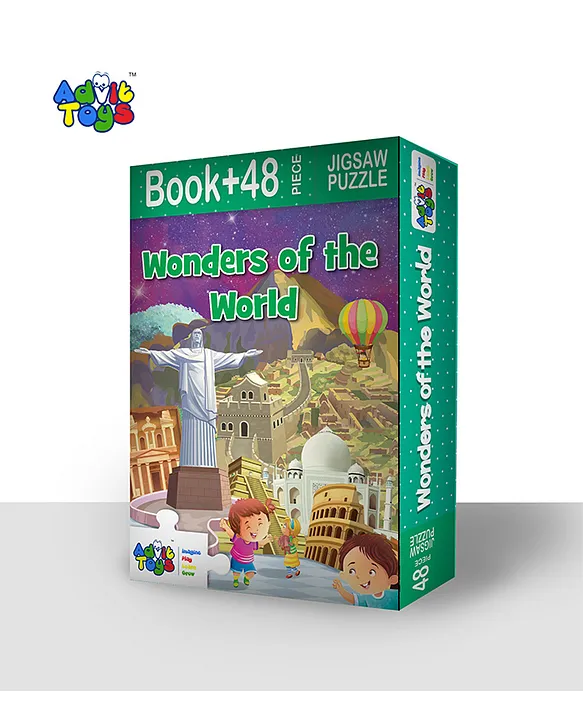 Wonders of The World Jigsaw Puzzle with Educational Fun Fact Book 48 Pieces (Color May Vary)