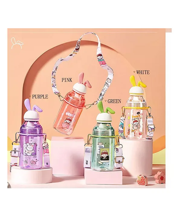 Tritan Water Bottle with Straw and Adjustable Strap for Kids School Sipper Water Bottle for Kids Cartoon Themed Cute Water Bottle for Boys and Girls 400 ML (Colour May Vary)