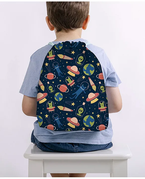 Baby of Mine Space Station Print Waterproof Drawstring Multipurpose Bag Blue Height 16 Inches