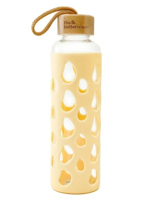 Borosilicate Glass Water Bottle Full Sleeve & Wooden Lid Yellow 550 ml