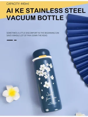 Beautiful Flower Print Stainless Steel Double Wall Vacuum Insulated Water Bottle Blue 440 ml