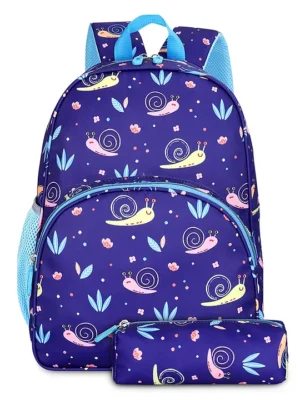The Clownfish Cosmic Critters Series Printed Polyester 15 Litres School Bag with Free Pencil Staionery Pouch Navy Blue Snail Print Height 15.3 Inch