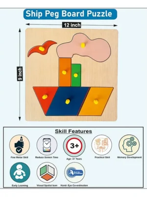 Wooden Ship peg board puzzle for kids 7 Pieces