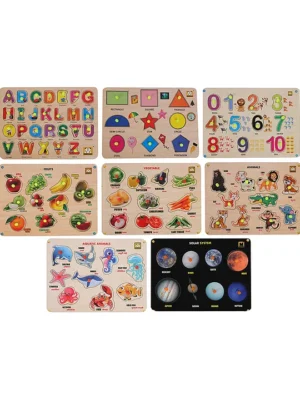 Wooden Puzzle with Knobs Educational and Learning Toy for Kids Alphabets Numbers Shapes Fruits Vegetables Animals 8 pieces