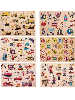 Wooden Board Peg Puzzles Pack of 6 Multicolour