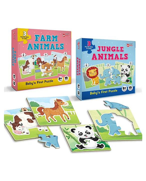 Babys First Jigsaw Puzzle Set of 2 for Kids Jungle Animals and Farm Animals 15 Pieces Each
