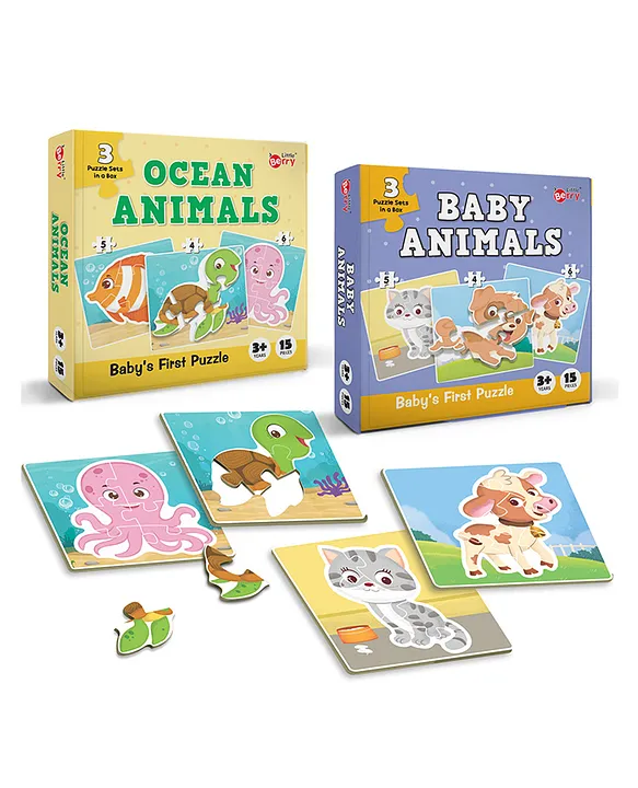 Babys First Jigsaw Puzzle Set of 2 for Kids Baby Animals and Ocean Animals 15 Puzzle Pieces Each