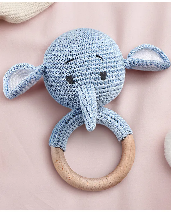 Handmade Crochet Wooden Elephant Rattle Crochet Rattle Toy for Newborns Natural Wool Sensory Toy for Kids Safe & Non Toxic BIS Certified