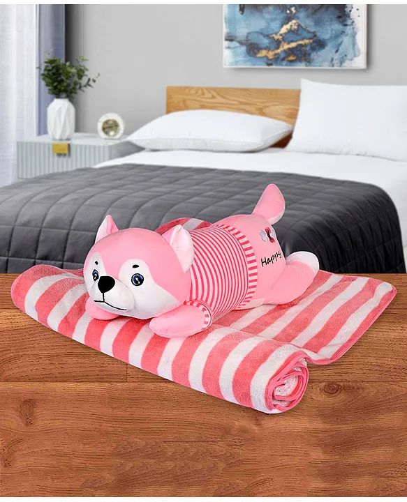Plushy Cart Sleeping Husky Dog Soft Toy Pink Length 60 cm