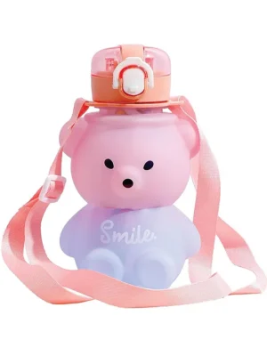 Plastic Teddy Bear Water Bottle Push Button Open Kids Water Bottle with Straw Sipper Bottle with Adjustable Strap and Stickers Pink 800 ml