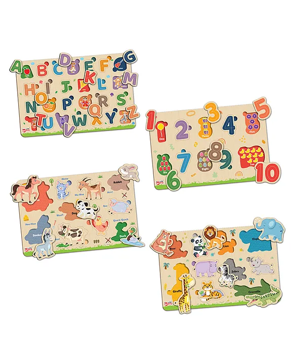 My First Wooden Knob and Peg Puzzle Tray Set of 4 Multicolour 56 Pegs