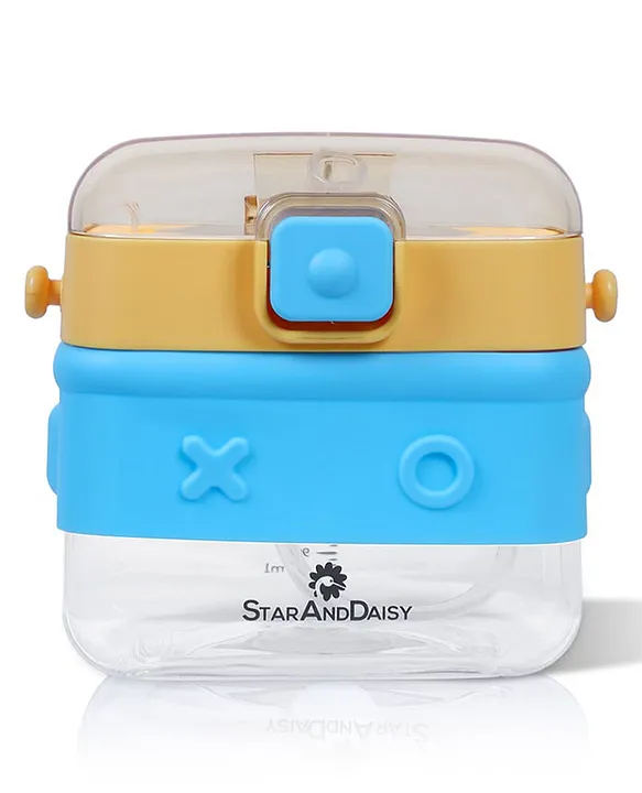 Square Water Bottle Sport Cup Drinks Bottle with Straw Lock Cover & Leak Proof Water Bottle Large Sports Water Jug Cute Bottle Square Drinking Bottle (Yellow & Blue) 350 ml