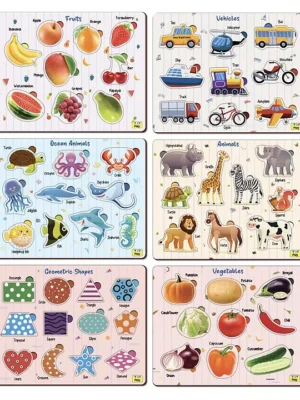 YaYplay 6 In 1 Wooden Educational Puzzles Fruits Vegetables Animals Ocean Animals Vehicles Shapes Set Of 6 58 Pieces