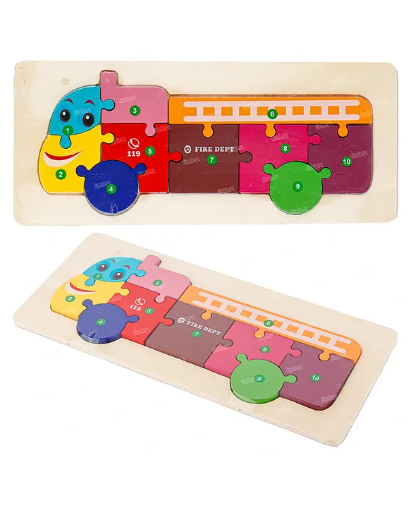Wooden Puzzle for Kids Fire Truck Shape Montessori Toy Jigsaw Puzzles Numbers Color Learning Toy 10 Pieces