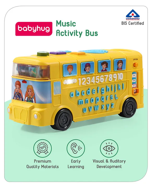 Babyhug Premium Musical Activity Yellow School Bus for KidsVehicle Toy with Alphabets NumbersLight & Music Interactive Early Learning Toy Best Birthday Gift BIS Certified