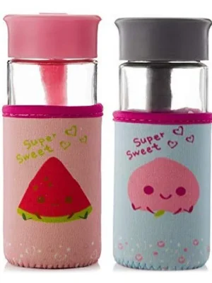 UGrow Borocilicate Wide Neck Glass Bottle with Insulated Cover Pink & Grey Pack of 2 300 ml
