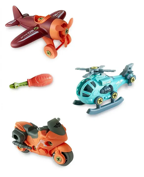YAMAMA 3 In 1 DIY Assembly Series Vehicles Toy With Airplane Helicopter Bike And Screwdriver Learning STEM Toys For Kids Pack of 3 Multicolor
