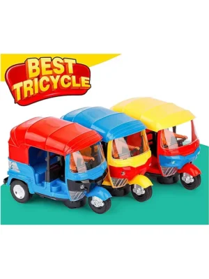 ARCADE TOYS Plastic Battery Operated Bump and Go Auto Rickshaw Toy with Sound and Flashing Light Toy for KidsPack of 1 (Colour May Vary)