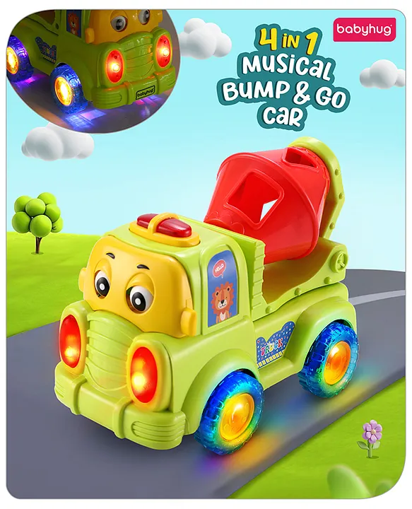 Babyhug 4 in 1 Musical Bump & Go Construction series Cement Mixer Truck Green Rolling Eyes Lights & Music Shape Recognition Cause & Effect Free Wheels Handeyecoordination Fine Motor Skills