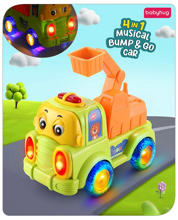 Babyhug Musical Bump & Go Construction series Excavator Truck Green Rolling Eyes Lights & Music Rattling Sound Spatial Awareness Cause & Effect Free Wheels Handeyecoordination Green