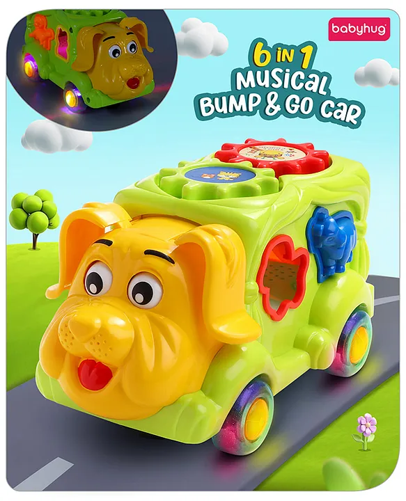 Babyhug 6 in 1 Puppy Musical Bump & Go Car with moving Ear & Eyes Lights & Music Gears Shape SorterMoving ClockFor Toddlers and KidsBIS Certified Storage Time Telling Cause & Effect Yellow