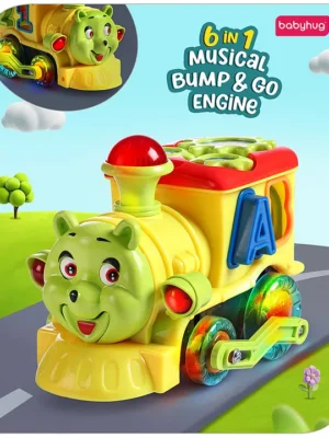 Babyhug 6 in 1 Puppy Shaped Bump & Go Loco Engine with Gears & Shape Sorter For Toddlers and KidsBIS Aprroved Moving Eye & Tongue Light & Music Numbers & Alphabets Storage Time Telling Yellow