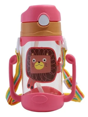 JAFFA Lion Themed U Handle Straw Sipper with Adjustable Strap Tied Ribbons Kid's Plastic Water Bottle BPAFree 400ml (Pink)