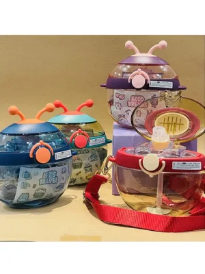 Cute Round Water Bottle Soft Silicone Straw with DIY Stickers Beautiful Design BPAFree for Kids And Adults 450 ml Color May Vary