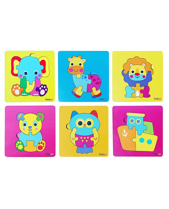 3D Cute Cartoon Wooden Jigsaw Puzzles for Kids & Children 5 pieces (Pack of 6 Baby Animal + Ship)