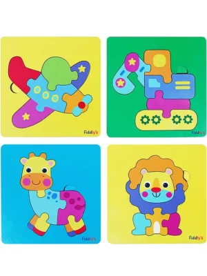 3D Cute Cartoon Wooden Jigsaw Puzzles for Kids & Children 5 pieces and features 4 different puzzles (Pack of 4 Baby Transport + Animal)