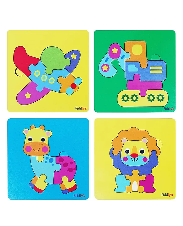 3D Cute Cartoon Wooden Jigsaw Puzzles for Kids & Children 5 pieces and features 4 different puzzles (Pack of 4 Baby Transport + Animal)
