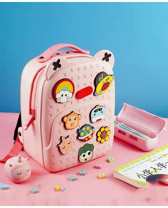 YAMAMA Backpack Kawaii Pinky Pink Backpack With DIY Pattern Patch Adjustable Straps Bag Premium Modern Design Bags (Pink Height 14 Inch)