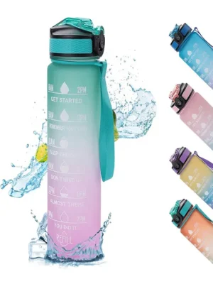 Motivational Water Bottle with Time Marker Sipper Water Bottle with StrawGreen Purple 1 L
