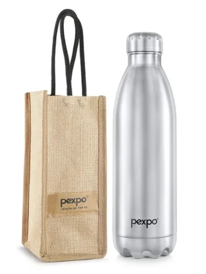 PEXPO Electro 24 Hrs Hot & Cold Vacuum Flask with Jute Bag Stainless Steel Water Bottle 1500ml Silver Thermoflask Office Bottle Workout Travelling Home