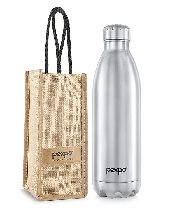 PEXPO Electro 24 Hrs Hot & Cold Vacuum Flask with Jute Bag Stainless Steel Water Bottle 1500ml Silver Thermoflask Office Bottle Workout Travelling Home
