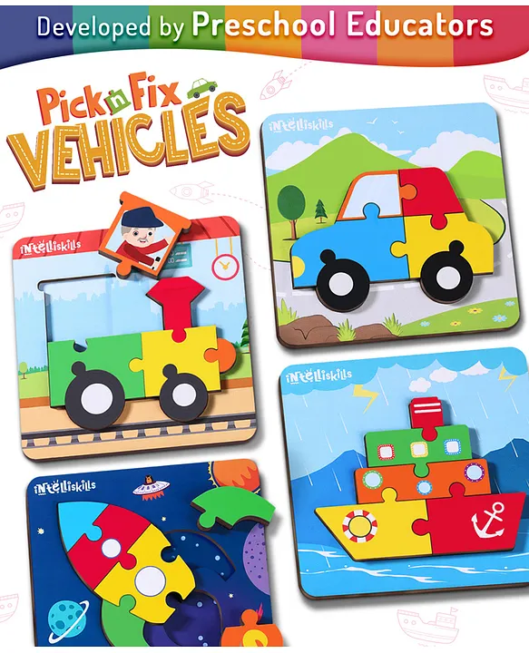 Premium 3D Pick N Fix Vehicles Wooden Jigsaw Puzzle for Kids Set of 4 Transport Theme Safe Rounded Edges & Chunky Pieces For Gifting BIS Certified Educator Recommended