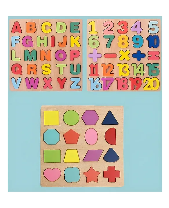Alphabet Numeric Geometric Shaped Wooden Puzzle Game Toy For Kids Baby Early Educational Children Montessori Board Puzzle Toy (Pack of 3 Multicolor)