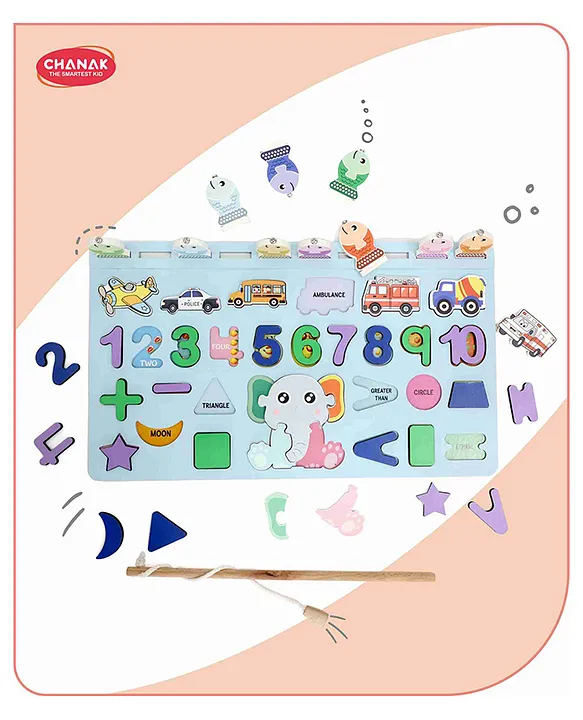 5 in 1 Wooden Magnetic Fishing Puzzle Game for Kids Alphabet Number & Shapes Learning Educational Toy For Boys Girls Above 3+ Age