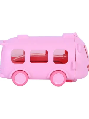 Cute Bear Bus Water Bottle With 500 ml Capacity AntiLeak Kids Water Bottle Bpa Free Hanging Water Bottle With Shoulder Strap Straw Moving Wheel Birthday Return Gift For Kids (Pink)