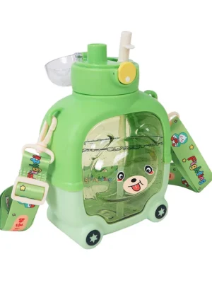 KoochieKoo Push Button Open Two Way Drinking Sipper Water Bottle for Kids Cute Water Bottle with Bear Face Drinking Bottle with Adjustable Shoulder Straps and Stickers 900 ml (Pack of 1 Green)