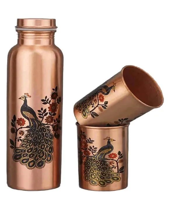 VoiDrop Peacock Design 1 Ltr Leak Proof Pure Copper Water Bottle Set with 2 GlassesCopper VesselAn Ayuervedic Water BottleCapacity 34 Oz Pure Copper Bottle Peacock Design