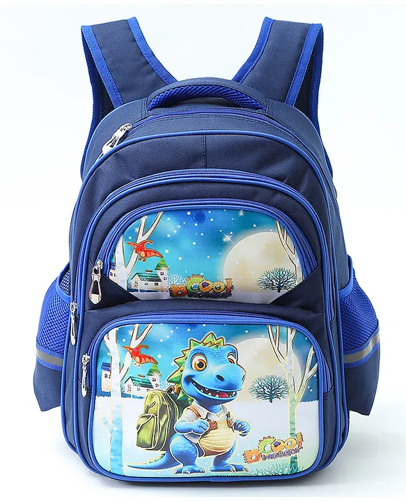 Play Nation Dino theme School Backpack2 Main Compartments 2 Front Pockets 2 side Bottle PocketsLong lasting and Durable Comfortable back cushioning For School Travel and OutdoorsBlue 15.5 inches