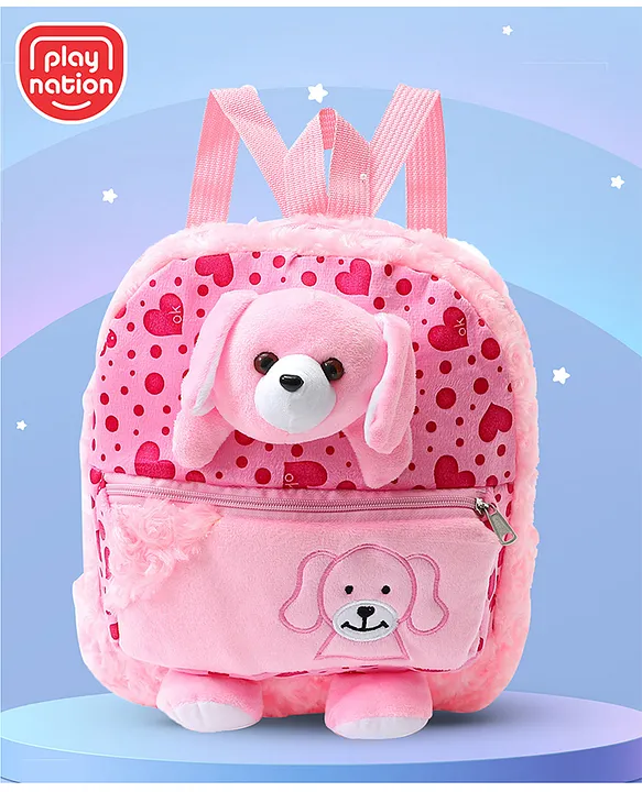 Play Nation Puppy Soft Toy Bag1 Main Compartment 1 PocketLong lasting and Durable Zippers For School Travel and OutdoorsPink 11 Inches (Print May Vary)