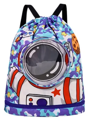 SYGA Kids Travelling Bag Swimming bag Waterproof Dry and Wet Separation with Shoe Compartment Drawstring Beach and Travel Backpack Height 15.35 inch (Astronaut Design Blue)